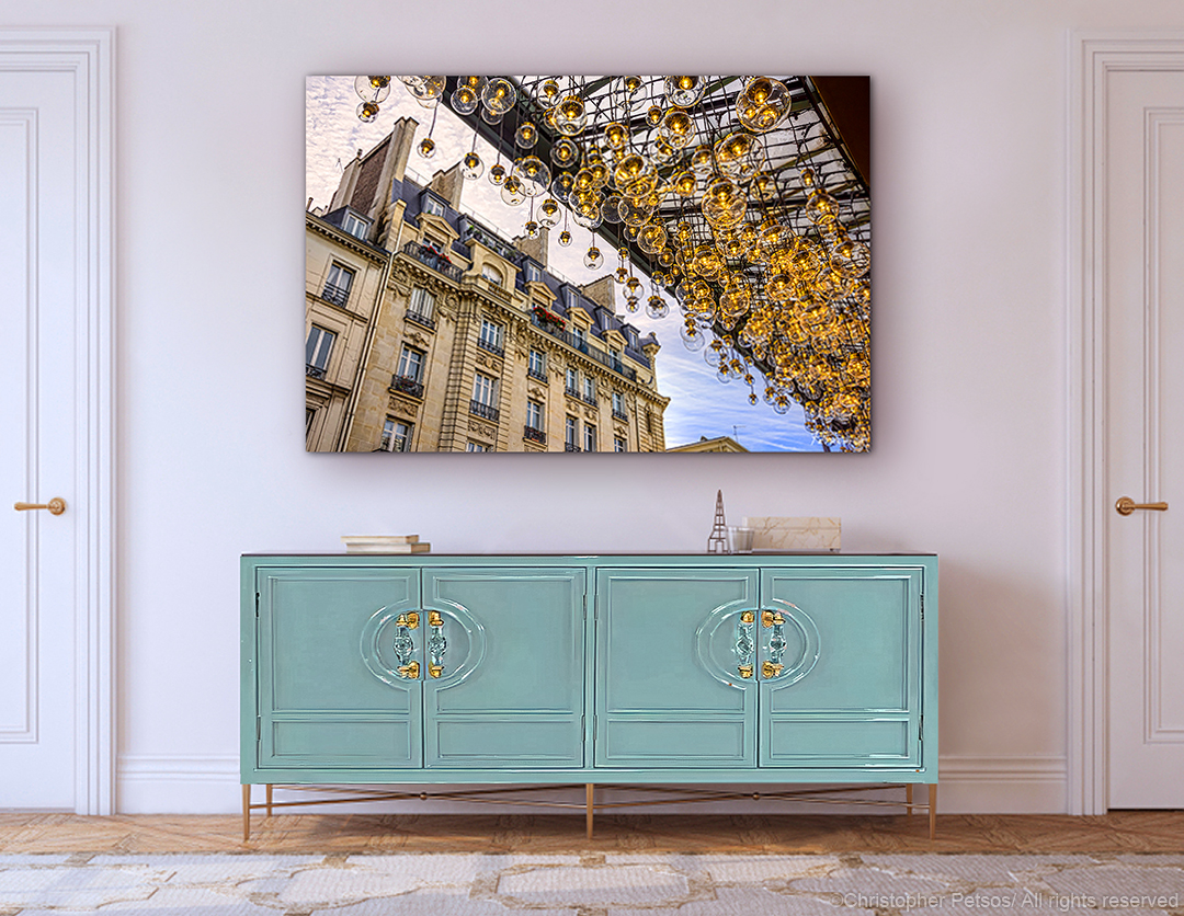 Christopher Petsos Paris print of lanterns hanging in front of Parisian architecture