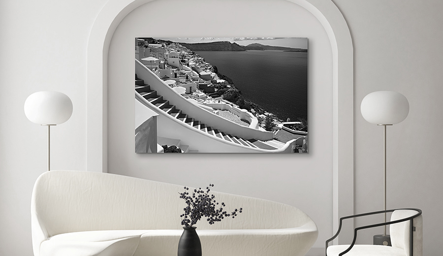 Sarakiniko print by Christopher Petsos displayed in an art deco living room